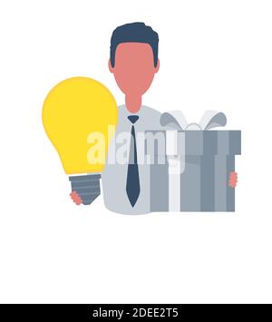 Businessman or clerk holding a gift box and a lightbulb. Male character in simple style, flat vector illustration. Business concept. Isolated on white Stock Vector