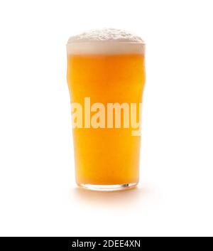 Full cold glass goblet of light craft ale with foam and flowing drops Stock Photo
