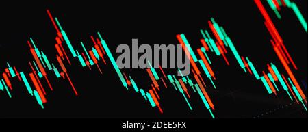 Stock market exchange candlestick chart graph macro, closeup, Day trading abstract. candle sticks on screen up close, technical analysis business Stock Photo