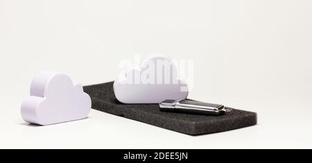 Cloud data storage solution model, cloud remote server file storing, sharing, internet drive storage technology solutions symbol, abstract concept Stock Photo