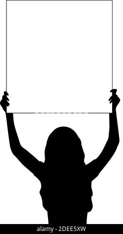 Silhouette woman holds banner placard blank white sheet for text space closeup. Illustration symbol icon Stock Vector