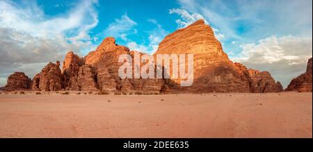 Beautiful Scenery Scenic Panoramic View Red Sand Desert and Ancient Sandstone Mountains Landscape in Wadi Rum, Jordan Stock Photo