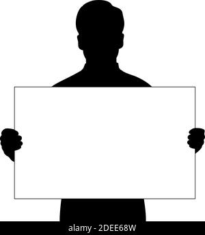Silhouette men holds banner placard blank white sheet for text space closeup. Illustration symbol icon Stock Vector