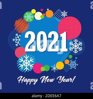 2021 A Happy New Year congrats concept. Geometric style logotype. Abstract isolated graphic design template. White digits, text, decorative eve set Stock Vector