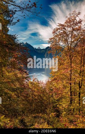 View over the Königssee in Berchtesgadener Land, Bavaria, Germany. Stock Photo