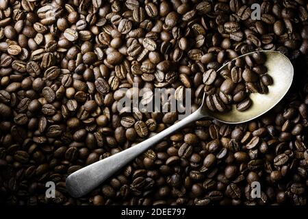 Roasted coffee beans flat lay with a steel spoon in dramatic side light. Top view with copy space. Stock Photo
