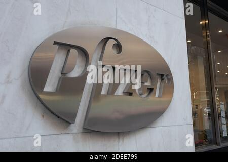 Pfizer Pharmaceutical Company Logo outside their World Headquarters in New York City Stock Photo