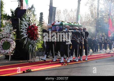 Tehran, Iran. 30th Nov, 2020. A handout photo made available by the Iranian defense ministry office shows soldiers carrying the coffin of slain Iranian nuclear scientist Mohsen Fakhrizadeh during funeral procession inside the Iranian defense ministry in Tehran, Iran, Monday, November 30. 2020. Iranian officials have blamed Israel for the killing of Fakhrizadeh who led Tehran's disbanded military nuclear program. Photo by Iranian Defense Ministry/UPI Credit: UPI/Alamy Live News Stock Photo
