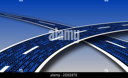 Digital data streaming on a highway - series of digits binary code in royal blue on blue background - abstract 3D-illustration Stock Photo