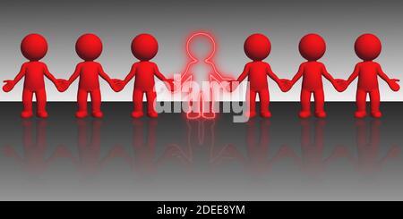 Miss you theme - line of red 3D people holding hands - one missing in the middle - reflections on gray floor - abstract 3D-illustration Stock Photo