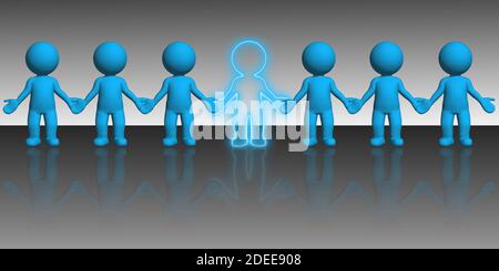 Miss you theme - line of blue 3D people holding hands - one missing in the middle - reflections on gray floor - abstract 3D-illustration Stock Photo