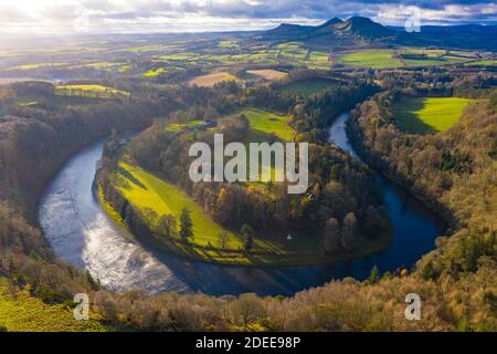 Aerial view of River Tweed and Eldon Hills from ScottÕs view in the ...