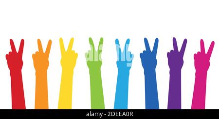 peace raised hands in colouful rainbow colors isolated on white vector illustration EPS10