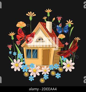 Old cozy house. Fabulous cartoon object. Cute childish style. Ancient dwelling. Tiny, small. On a night background with flowers and butterflies Stock Vector