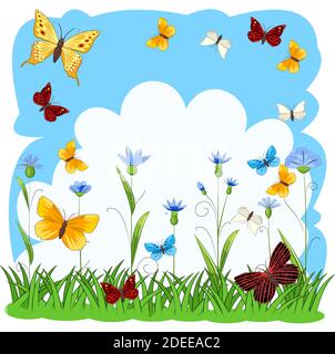 Abstract background. Landscape with with butterflies and flowers. Cartoon flat style. Girlish or childish. Soft rounded clouds. Composition with Stock Vector