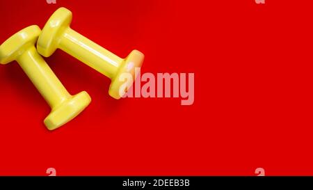 two yellow dumbbells on red background.wide banner Stock Photo