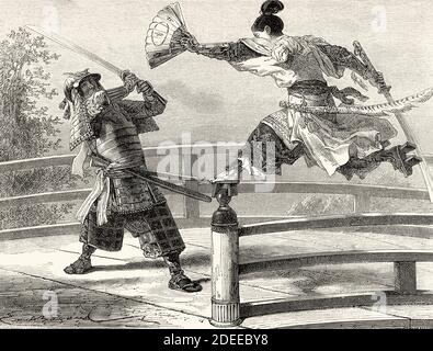 Youshitsune samurai fighting, great and popular warrior in Japanese tradition, Japan. Old 19th century engraved illustration Travel to Japan by Aime Humbert  from El Mundo en La Mano 1879 Stock Photo