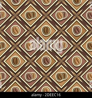 Vector Coffee Seamless Pattern, square repeating coffee background, isolated illustrations of roasted and unroasted coffee beans on brown background, Stock Vector