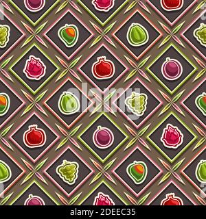 Vector Fruit Seamless Pattern, square repeating fruit background, isolated illustrations of summer fruits on dark background, diamond seamless pattern Stock Vector