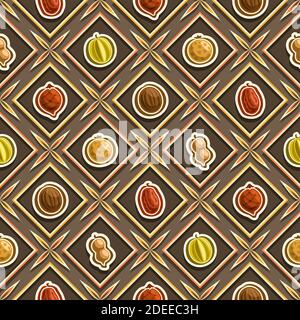 Vector Fruit Seamless Pattern, square repeating fruit background, isolated illustrations of summer fruits on dark background, diamond seamless pattern Stock Vector
