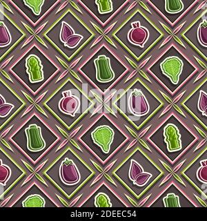 Vector Vegetable Seamless Pattern, square repeating background, isolated illustrations of summer vegetables on dark background, diamond seamless patte Stock Vector
