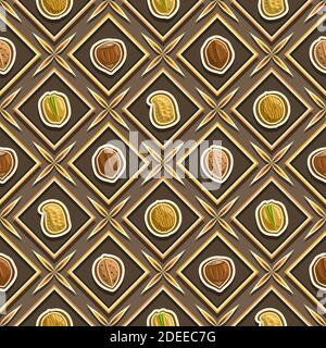 Vector Nut Seamless Pattern, square repeating nut background, isolated illustrations of exotic nuts on brown background, diamond seamless pattern with Stock Vector