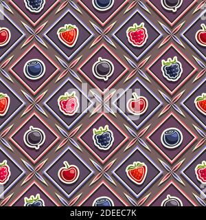 Vector Berry Seamless Pattern, square repeating berry background, isolated illustrations of exotic berries on dark background, diamond seamless patter Stock Vector