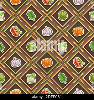 Vector Vegetable Seamless Pattern, square repeating background, isolated illustrations of summer vegetables on brown background, diamond seamless patt Stock Vector
