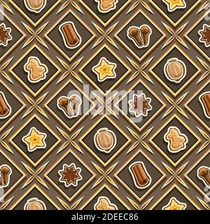 Vector Spice Seamless Pattern, square repeating spice background, isolated illustrations of exotic spices on brown background, diamond seamless patter Stock Vector