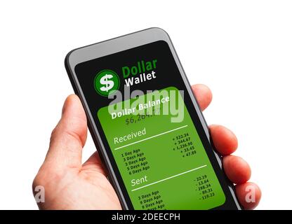 Hand Holding Smart Phone with Federal Reserve Digital Dollar Crypto Wallet. Stock Photo