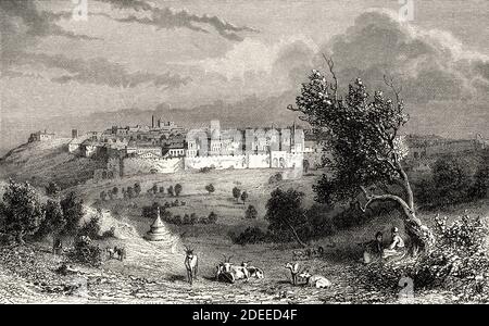Panoramic view of Jerusalem from the Mount of Olives, Palestine, Israel. Old 19th century engraved illustration Travel to Jerusalem by Alphonse de Lamartine from El Mundo en La Mano 1879 Stock Photo