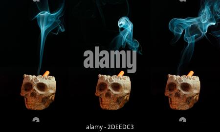 Stop smoking concept, triptych with different smokes getting from burning cigarette in skull shaped ashtray. Stock Photo