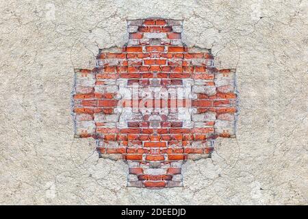 Damaged plaster on a brick wall. For use as an abstract seamless background and textures. Stock Photo