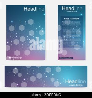 Set flyer, brochure size A4 template,banner. Molecular structure with connected lines and dots. Scientific pattern atom DNA with elements for magazine Stock Vector