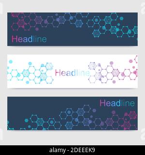 Scientific set of modern vector banners. DNA molecule structure with connected lines and dots. Scientific and technology concept. Wave flow graphic Stock Vector