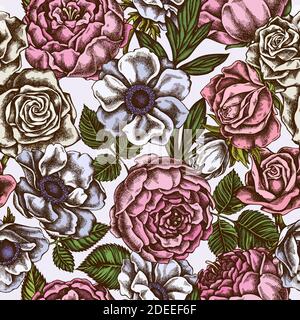 Seamless pattern with hand drawn colored roses, anemone, peony Stock Vector
