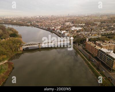 London- Aerial view of Barnes Bridge over the river Thames in south west London Stock Photo