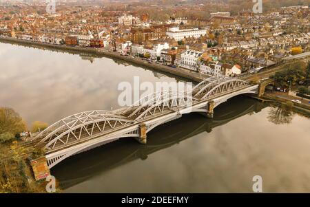 London- Aerial view of Barnes Bridge over the river Thames in south west London Stock Photo