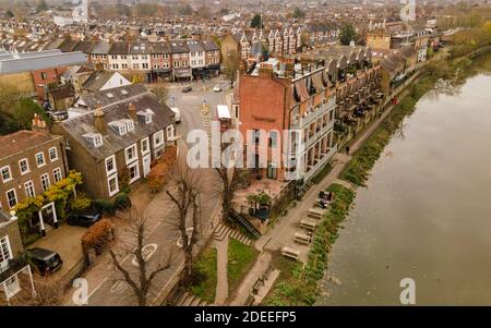 London- Aerial view of Barnes Bridge over the river Thames in south west London Stock Photo