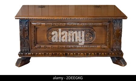 Antique Wooden Chest in  the Neo Gotic Style Old Castle Medieval Isolated on White Background Stock Photo