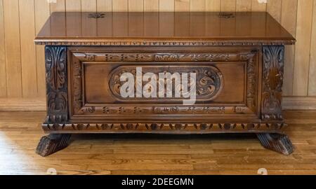 Antique Wooden Chest in  the Neo Gotic Style Old Castle Medieval Stock Photo