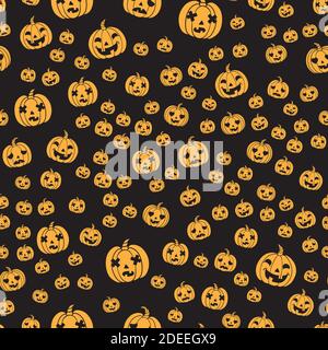 Autumn pumpkins pattern. Happy halloween scary pumpkin faces cartoon seamless background, thanksgiving decorative vector pattern Stock Vector