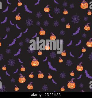 Autumn pumpkins pattern. Happy halloween scary pumpkin faces cartoon seamless background, thanksgiving decorative vector pattern Stock Vector