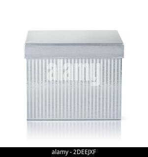 Front view of silver striped gift box isolated on white Stock Photo