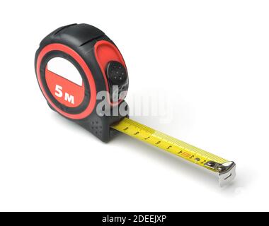 Self-retracting 5 meter tape measure isolated on white Stock Photo