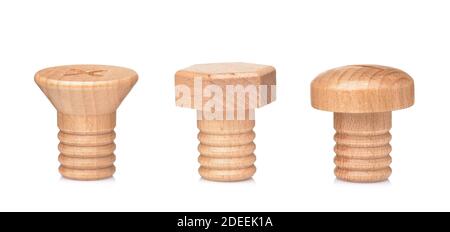 Three different screw shape wall hook knobs isolated on white Stock Photo