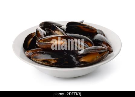 Ceramic plate of fresh boiled mussels isolated on white Stock Photo