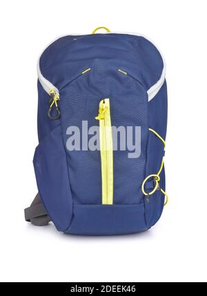 Front view of small blue backpack isolated on white Stock Photo