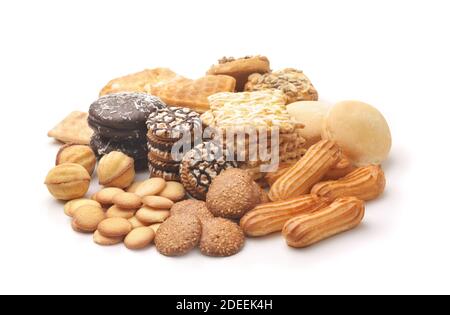 Pile of  of various fresh baked pastry isolated on white Stock Photo