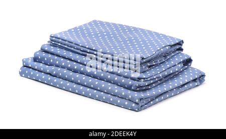 Stack of blue cotton bedding set isolated on white Stock Photo